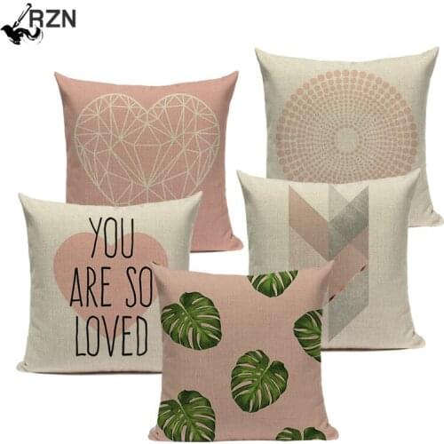 Pink Geometric Nordic Cushion Cover Tropic Palm Leaf Throw Pillow Cover Linen Cushion Case Sofa Bed Decorative Heart Pillowcase