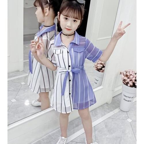 Shirt Girl Chiffon Summer Dress Stripe Splicing Color Teenagers Girls Dresses Kids Girl Clothes for 3 4 5 6 7 8 9 10 11 12 years