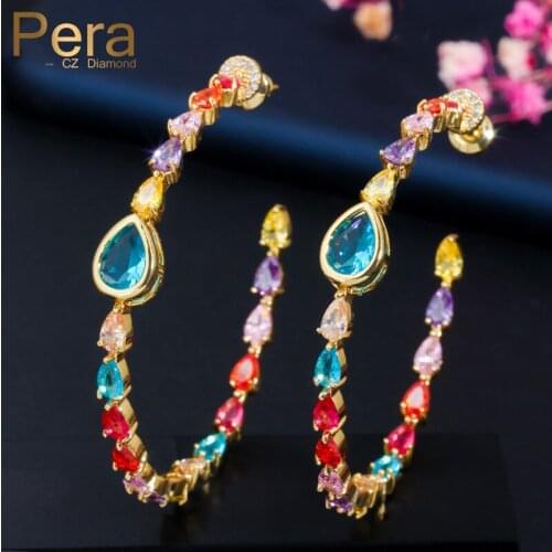 Pera Colorful Water Drop Light Bule CZ Crystal 585 Gold Color Thin Circle Hoop Earrings for Women Banquet Party Jewelry E477