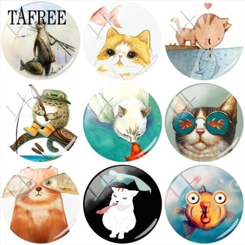 TAFREE Lovely Cartoon Cat & Fish Art Painting 12mm/15mm/16mm/18mm/20mm/25mm Glass Cabochon Demo Flat Back Making Findings