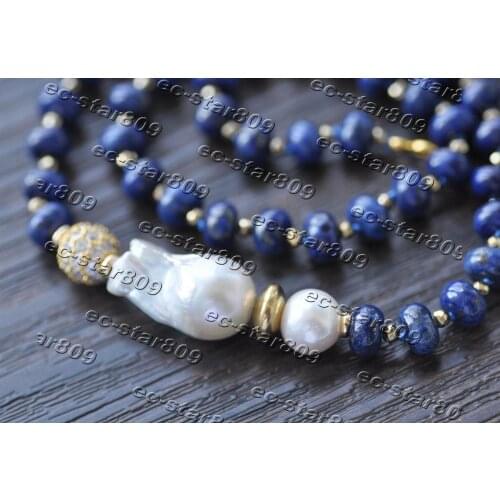 Z11325 23" Rondelle Blue Lapis Lazuli White Baroque Keshi Pearl Necklace Women Fashion Jewelry