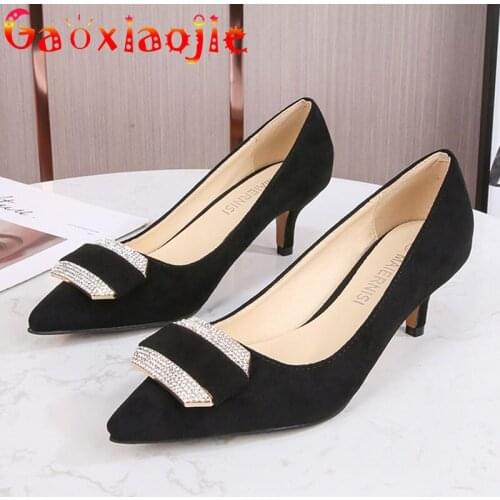 Womens Fashion Flock Leather Pointed Toe High Heels 2021 New Glistening Water Drill Buckle 5CM Comfortable Career Pumps Shoes