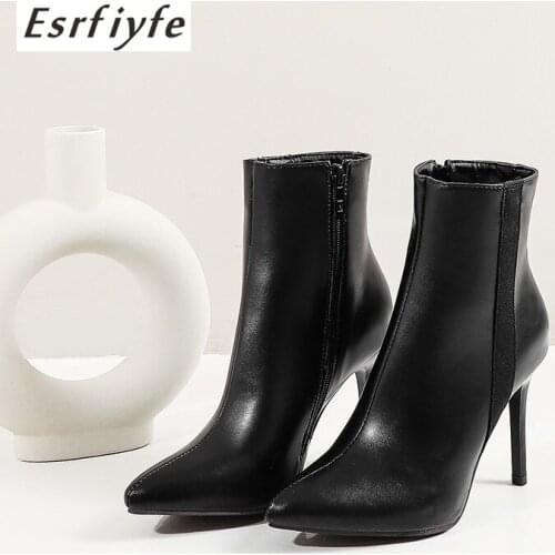 ESRFIYFE 2020 New Pu Leather Women ankle Boots with Heels Sexy Pointed Toe High Heel Party Boots Zipper Shoes Winter Boots Women