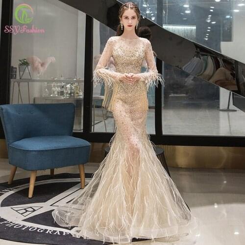 SSYFashion New High-end Mermaid Evening Dress Luxury Long Sleeve Crystal Beading Feathers Gold Prom Formal Gowns Robe De Soiree