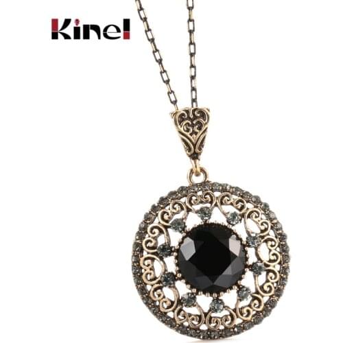 Kinel Hot Boho Gray Crystal Pendant Necklace For Women Antique Gold Fashion Black Stone Vintage Necklace Bride Wedding Jewelry