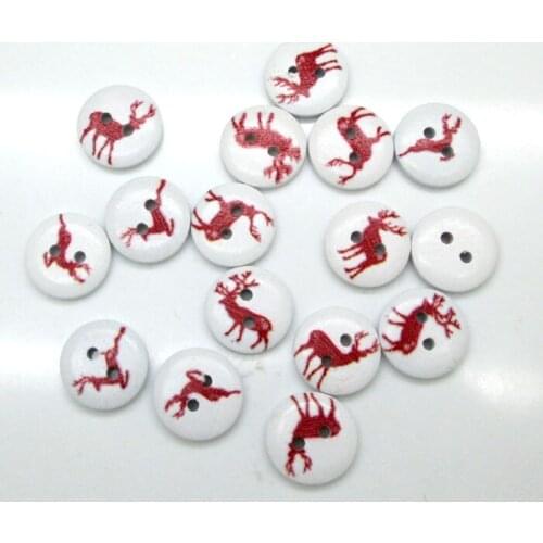 100pcs 15mm Mixed White Round Deer series Pattern Wooden Buttons For Clothes Crafts Sewing Scrapbooking DIY Accessories