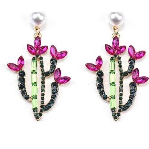 Fashion Full Crystal Cactus Earrings Women Statement Big Earrings Jewelry Female Indian Long Hanging Earrings 2020