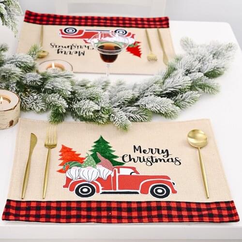 2021 Christmas Placemat Retro Red and Black Plaid Dining Table Mat Coaster Cotton Linen Pad Cup Mat Festival Kitchen Decoration
