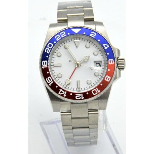 40MM Unmarked GMT Watch Stainless Steel White Dial Coke Bezel Luminous Automatic Mechanical Watch Men