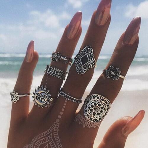 9 Pcs/Set Bohemian Women Carved Punk Hollow Fatima Hand Flower Crown Tarot Symbol Gem Ring Set Personality Party Jewelry