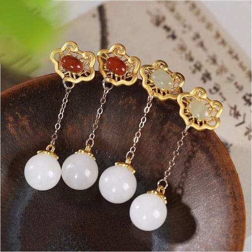 Natural Hetian white jade South red long earrings Chinese style retro palace small group design womens brand jewelry