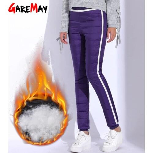 Womens Down Pants Winter Side Stripe Pants For Women Warm Pantalon Femme Plus Size Eastic Waist Casual Thick Long Pant GAREMAY