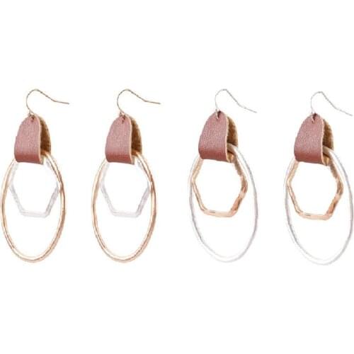 E7015 ZWPON Two Tone Metal Frame Layered Oval Hexagon Earrings 2020 New Arrival Leather Wrapped Earrings Jewelry Wholesale