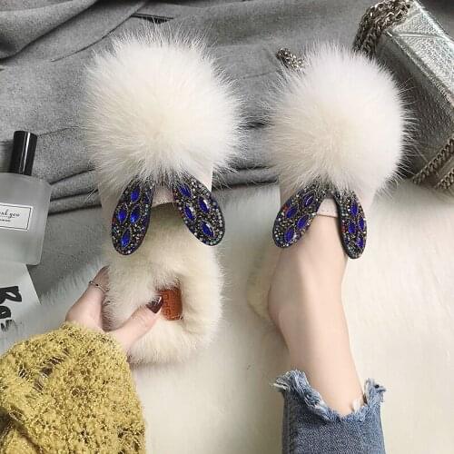 2019 Crystal Slippers Women Fur Home Fluffy Sliders Plush Furry Summer Flats Sweet Ladies Shoes Hot Sale Cute Pantufas K5-68