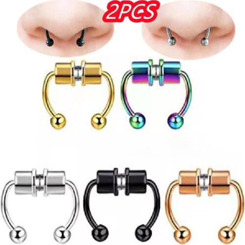 2PCS Nose Ring Reusable Alloy Fake Magnetic False Nose Ring Horseshoes Non Piercing Hoop Jewelry for Party Bar
