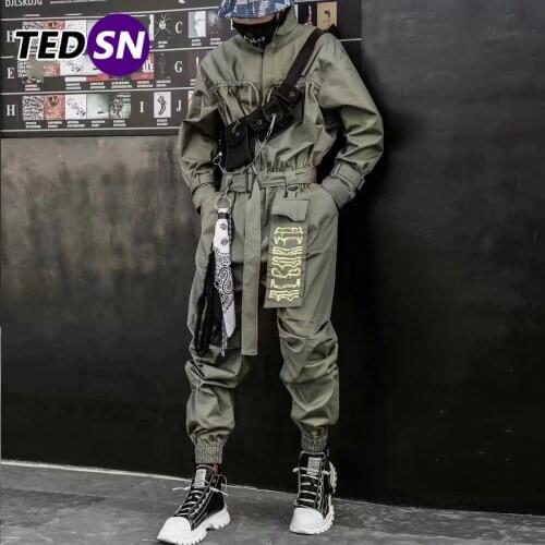 LACIBLE 2020 Hip Hop Streetwear Jumpsuits Men Ribbon Embroidered Cargo Pants Long Sleeve Rompers Joggers Techwear Men