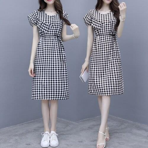 Summer Fashion Casual Elegant Office Lady Streetwear Ruffle Sleeve Plaid O-neck Knee-length Black Kaqise Plus Size Party Dress