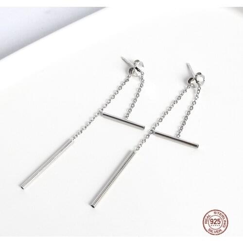 LKO Exquisite Geometry 925 Sterling Silver Horizontal Bar Tassels Stud Earrings For Women Personality Simplicity Accessories