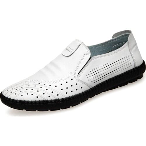 Men Leather Shoes Casual Breathable Holes Summer Men Shoes Loafers Slip-On Soft Flat Shoes For Male Fashion Black White Sneakers