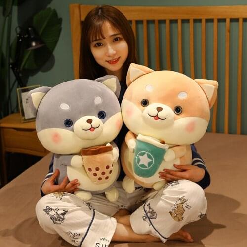 Kawaii Soft Animal Dog Plush Shiba Inu Dog With Bubble Tea Cup Toys Stuffed Pillow Dolls for Girls Birthday Gifts