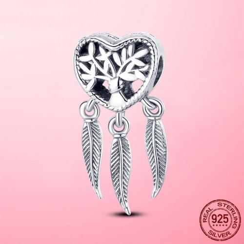 New 925 Sterling Silver Dreamcatcher Charm Family Tree Feather Charm Beads Fit Original Pandora Bracelet DIY Jewelry Female Gift