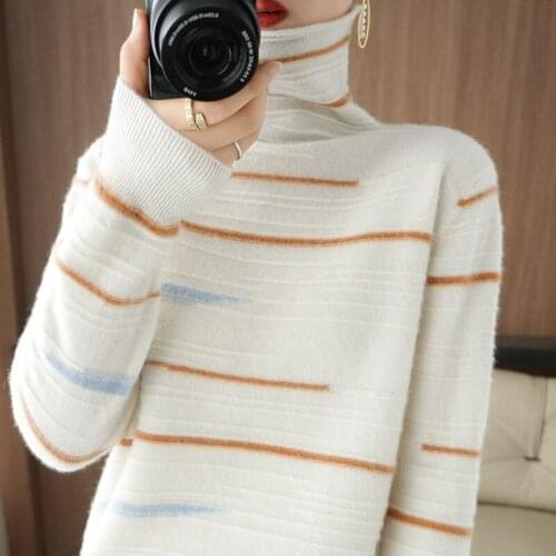 Autumn and Winter New pile collar color matching horizontal stripes 100% Pure Wool Sweater Women Pullover all-match Sweater