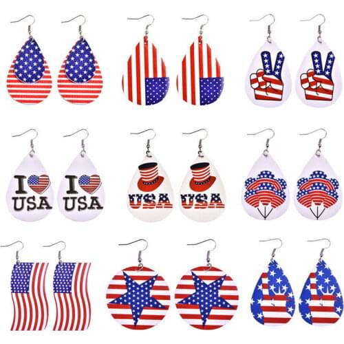 Patriotism Earrings 2021 New Star Stripe Print PU Leather American Flag Earrings for Women I Love USA Jewelry Wholesale