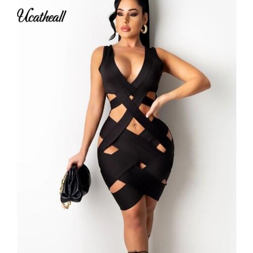 Sexy Backless Knee Legnth Dresses Bandage Bodycon Deep V Women Dresses Party Club Elegant Hollow Dress