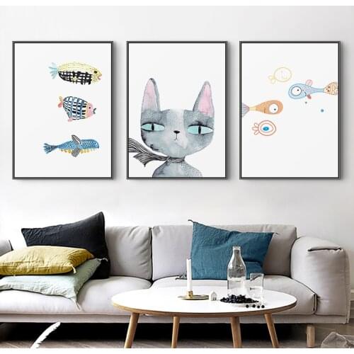 Maeham Baby Nursery Wall Art Canvas Poster Print Cartoon Cat Fish Painting Nordic Kids Decoration Picture Children Bedroom Decor