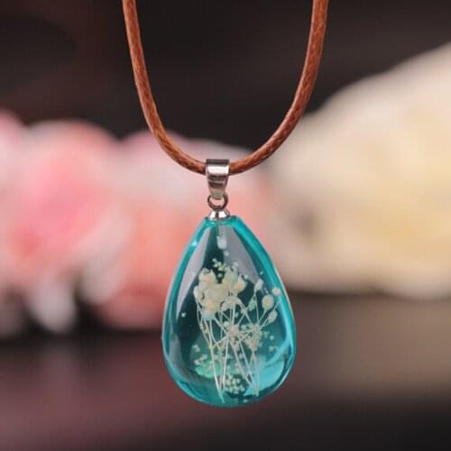 Handmade Transparent Water Drop Dry Flower Luminous Crystal Pendant Necklace Wedding Gift Jewelry Valentines Day Gift