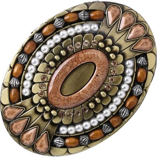 Alloy Belt Buckle Wood Beads + Rhinestones Inlaid Bohemian Style India Cowboy Belt Buckle