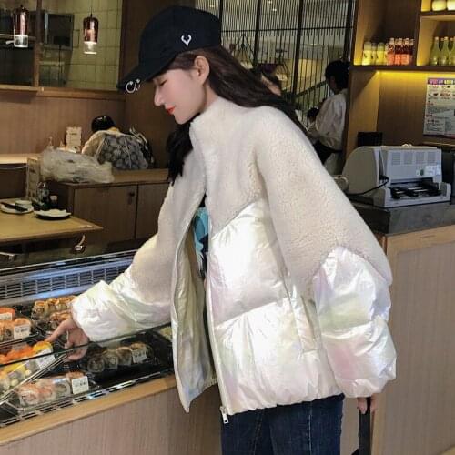 Women Winter Lamb Hair Short Down Jacket Loose Slim Fur Patchwork Glossy Cotton Coat