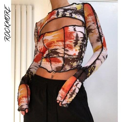 Rockmore Vintage Print Crop Top Sexy Hollow Out T Shirt Mesh Patchwork Long Sleeve Tee Women Pullovers Streetwear Tshirt Female
