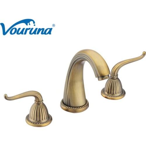 2018 Wholesale Double Levers 8 Inch Antique Brass / Golden Widespread Bathroom Faucet Vintage Lavatory Basin Mixer Tap