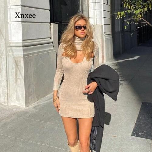 Knit Turtleneck Mini Dressy2K Solid Color Bodycon Long Sleeve Cut Out Women Sexy Hollow Out Fashion Dresses Summer Clothes