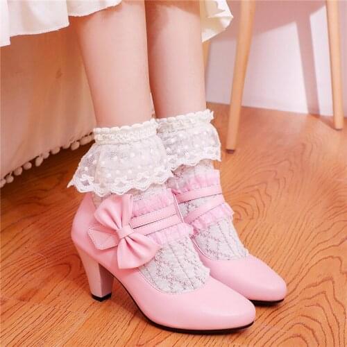 Sweet Lolita Kawaii Shoes Mary Jane Shoes for Women High Heels Bow Block Heel Wedding Shoes Woman School Girls Cosplay Shoes