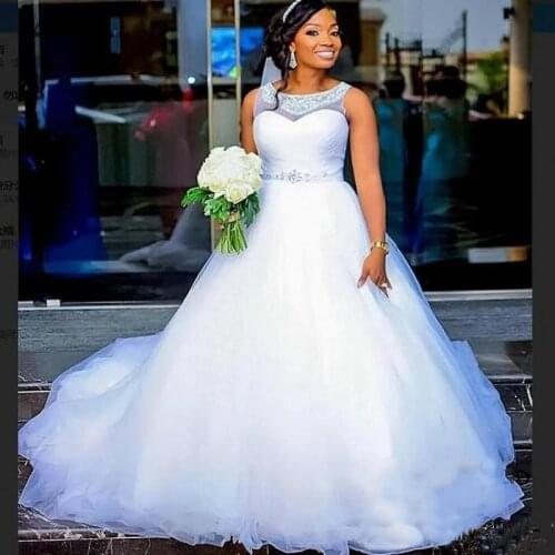African Plus Size Wedding Gowns 2021 Vestido de Novia Muslim Bridal Dresses Crystal Bead White Tulle Wedding Dress