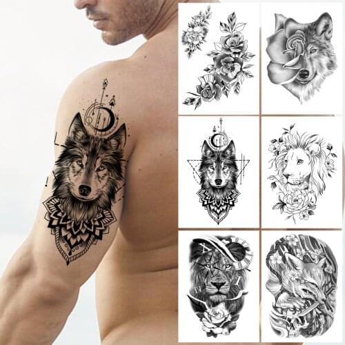 Henna Geometry Wolf Temporary Tattoos For Men Women Kids Boys Fox Flower Lion Tattoo Sticker DIY Black Peony Fake Tatoos Forearm