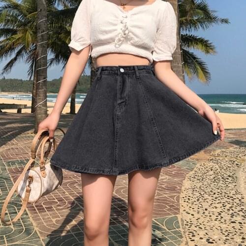 Zoki High Waist Women Denim Skirt Summer A Line Jeans Lined Mini Skirt Causal Fashion Belt Korean Girls Black Cotton Ball Gown