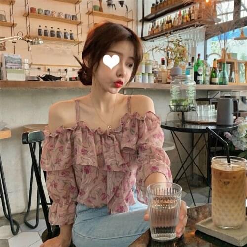 Print Womens Clothing Off Shoulder Blouses Ruffles Chiffon Tops Fashion Brands Loose Slash Neck Woman Shirts Summer Style New