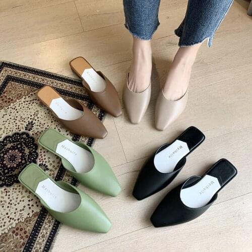 Womens summer new bag head low heel wearing European and American wind slippers cool slippers women shoes bottom slacker drag