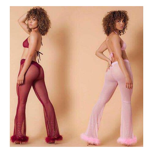 2019 Sexy Women Sheer Mesh Wide Leg Pants See Through Transparent Faux Fur Trim Pants High Waist Full Night Club Wear Trousers