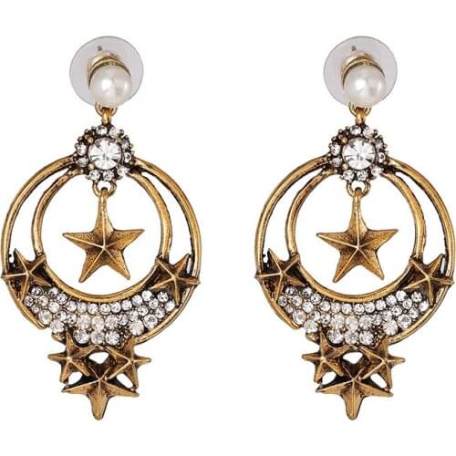 Antique Gold Retro Circle Geometric Drop Earrings Women Vintage Statement ZA Earrings Jewelry Female Cute Stars Pendants Earring