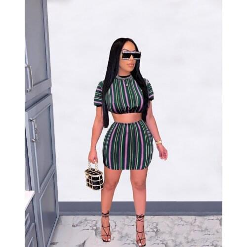 2021 Summer New Fashion Leisure Fashion Stripe Multicolor Short Round Neck Top + Skirt Two Piece Set