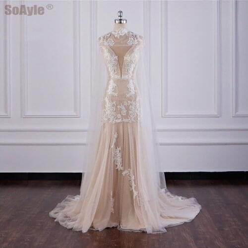 SoAyle Lace Evening Dress Sheer Neck Sleeveless Appliques Plus Size Mermaid Evening Party Dress for Women Vestidos de Fiesta