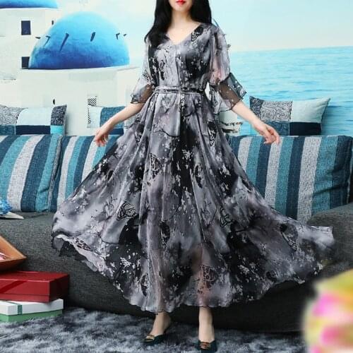 Runway Maxi Dress Plus size Womens Bell Sleeve Loose Waist Vintage Small Floral Print Chiffon Party Holiday Long Dress