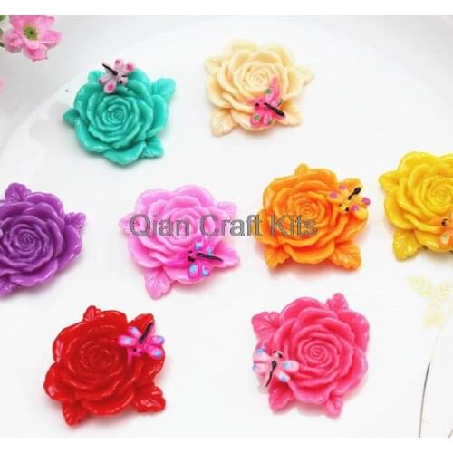100pcs mixed colors flower with dragonfly resin cabochons (38x30mm) scrapbooking decoden hair accessories DIY large rosette