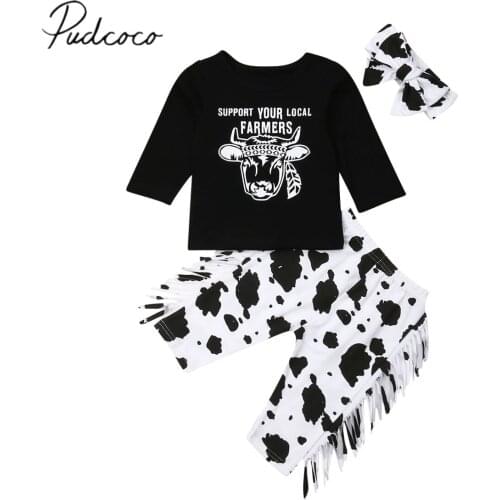 2019 Baby Long Sleeve Clothing Newborn Infant Baby Girl Boy Winter Clothes Cow T-Shirt Tassels Pants Headband 3PCS Outfits