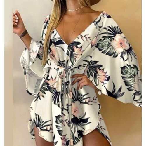 Irregular Boho Mini Dress Bat Sleeve 2021 Fall Feminine Sexy Deep V Neck Loose Party Spring Mini Dress With Lace Belt Fall