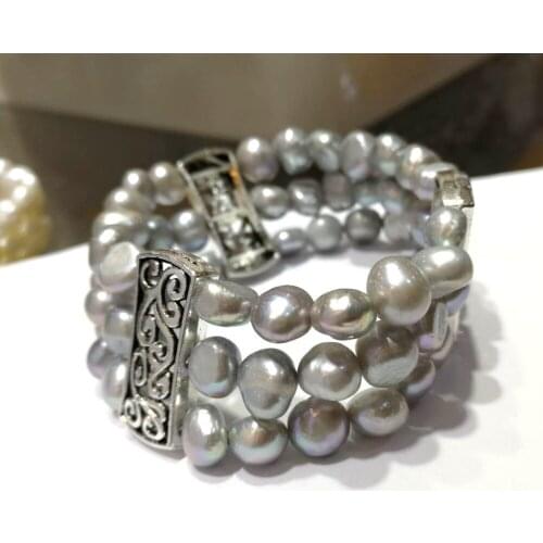 Wedding Woman 3 Rows Baroque Bracelet Gray pearl Natural Freshwater Pearl Handmade Jewelry Elastic rope